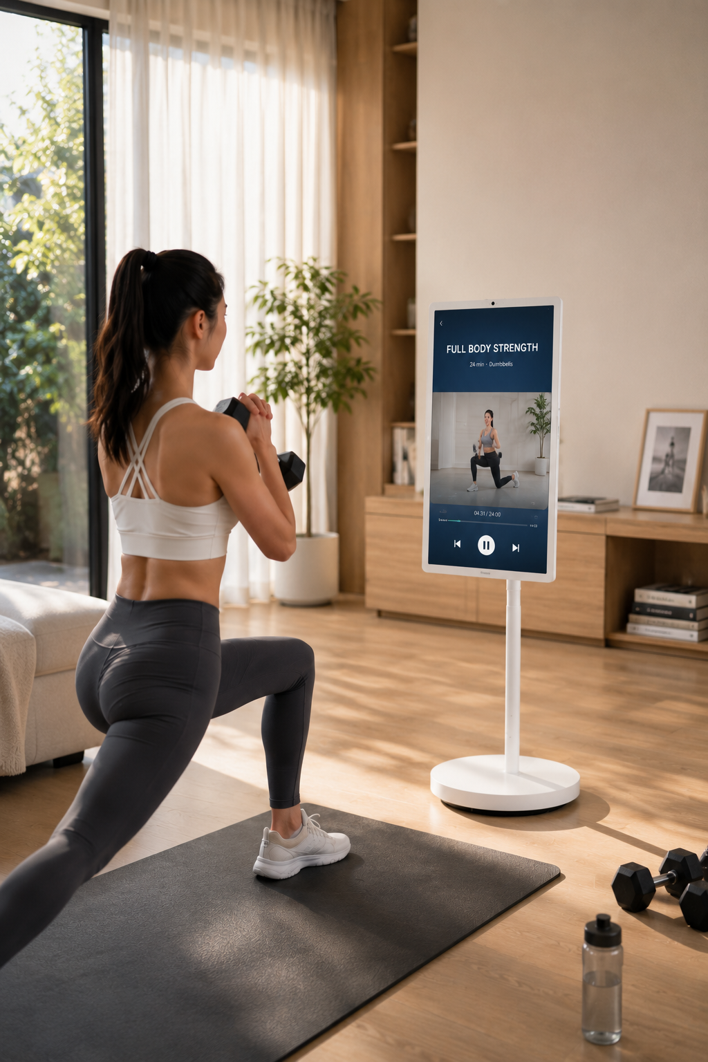 GFF smart screen in a bright home wellness room
