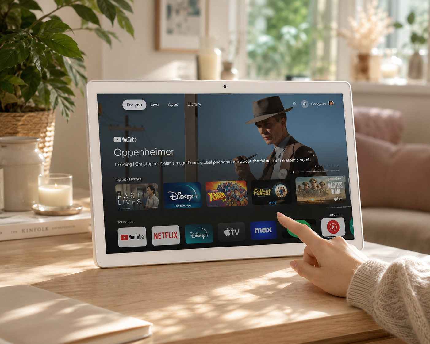 S2-25 portable smart screen used for streaming in a warm home setting
